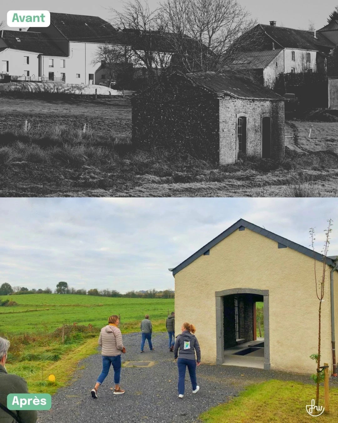 Montage avant/après d'une ancienne cure. La photographie du haut montre le bâtiment dans son état avant rénovation, tandis que la photographie du bas présente le bâtiment restauré et réaffecté après les travaux.