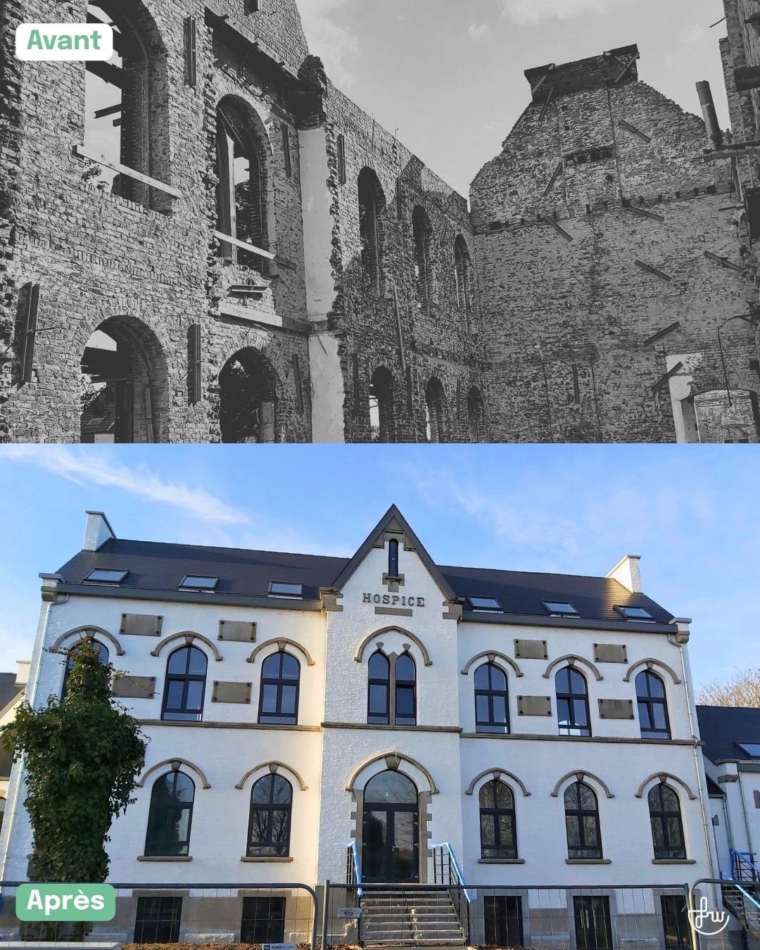 Montage avant/après d'un ancien hospice. La photographie du haut montre le bâtiment dans son état avant restauration, tandis que la photographie du bas présente le bâtiment restauré et réaffecté en maison multiservices après les travaux.