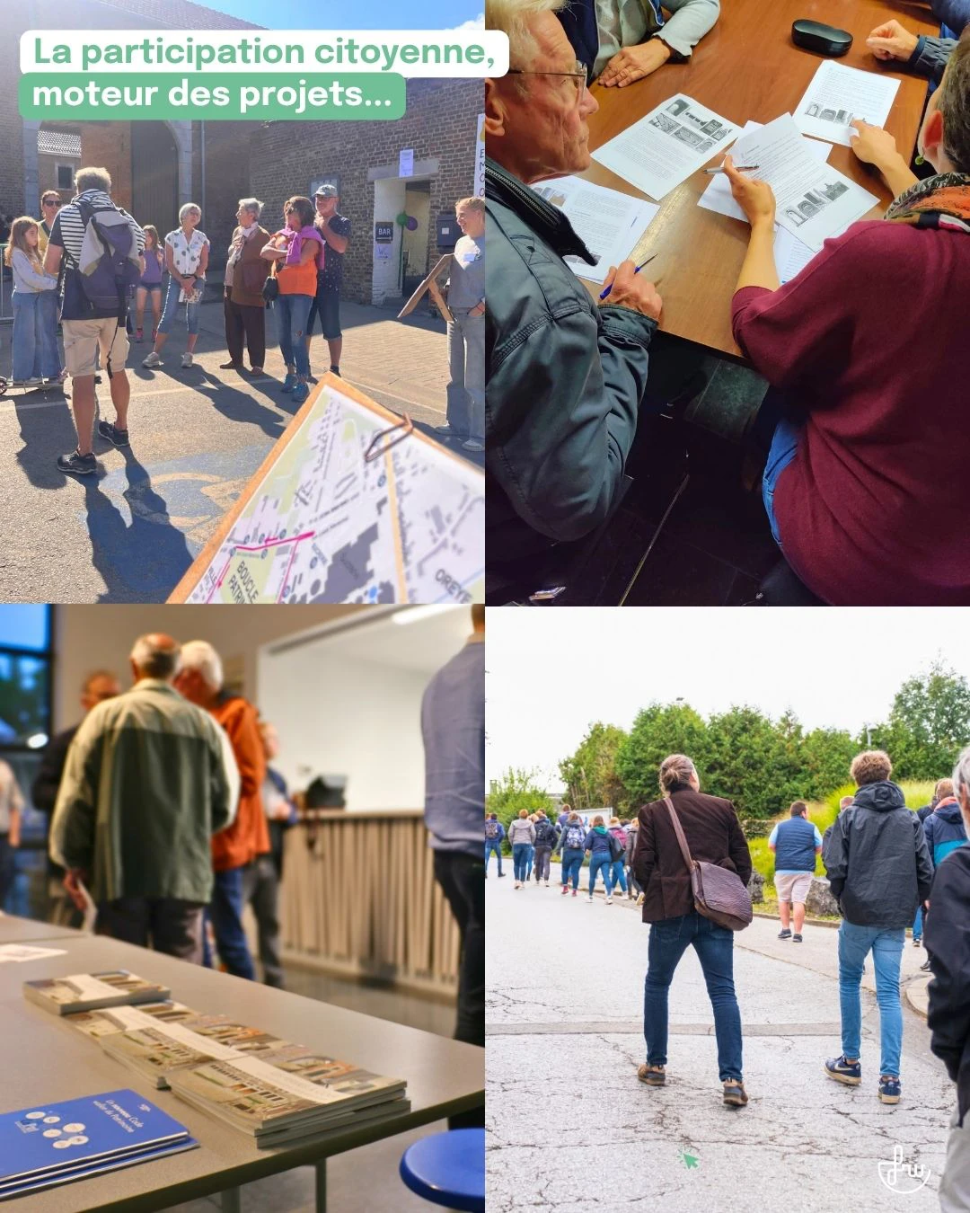 Illustration de démarches participatives menées dans le cadre d'un projet de valorisation du patrimoine. Les photographies montrent différentes étapes du travail mené par les citoyens : visites de terrain, réunions de concertation, séances d'information et découvertes du territoire.