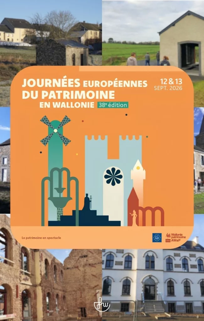 Montage réunissant plusieurs projets de rénovation et de valorisation du patrimoine rural accompagnés par la FRW, avec l'affiche des Journées européennes du Patrimoine en Wallonie 2026 mise en avant au centre de l'image.